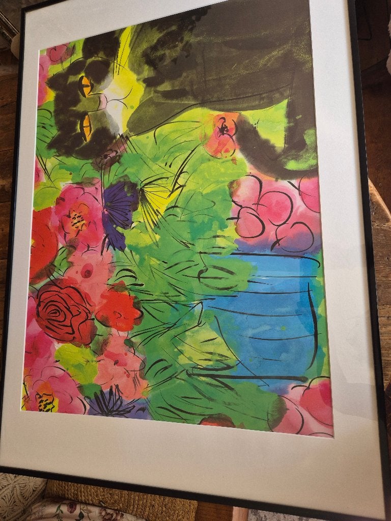 Ingelijste poster Rosina Waxhtmeister met kat en bloemen, Zo goed als nieuw, Met glas, Zwart, Ingelijst werk