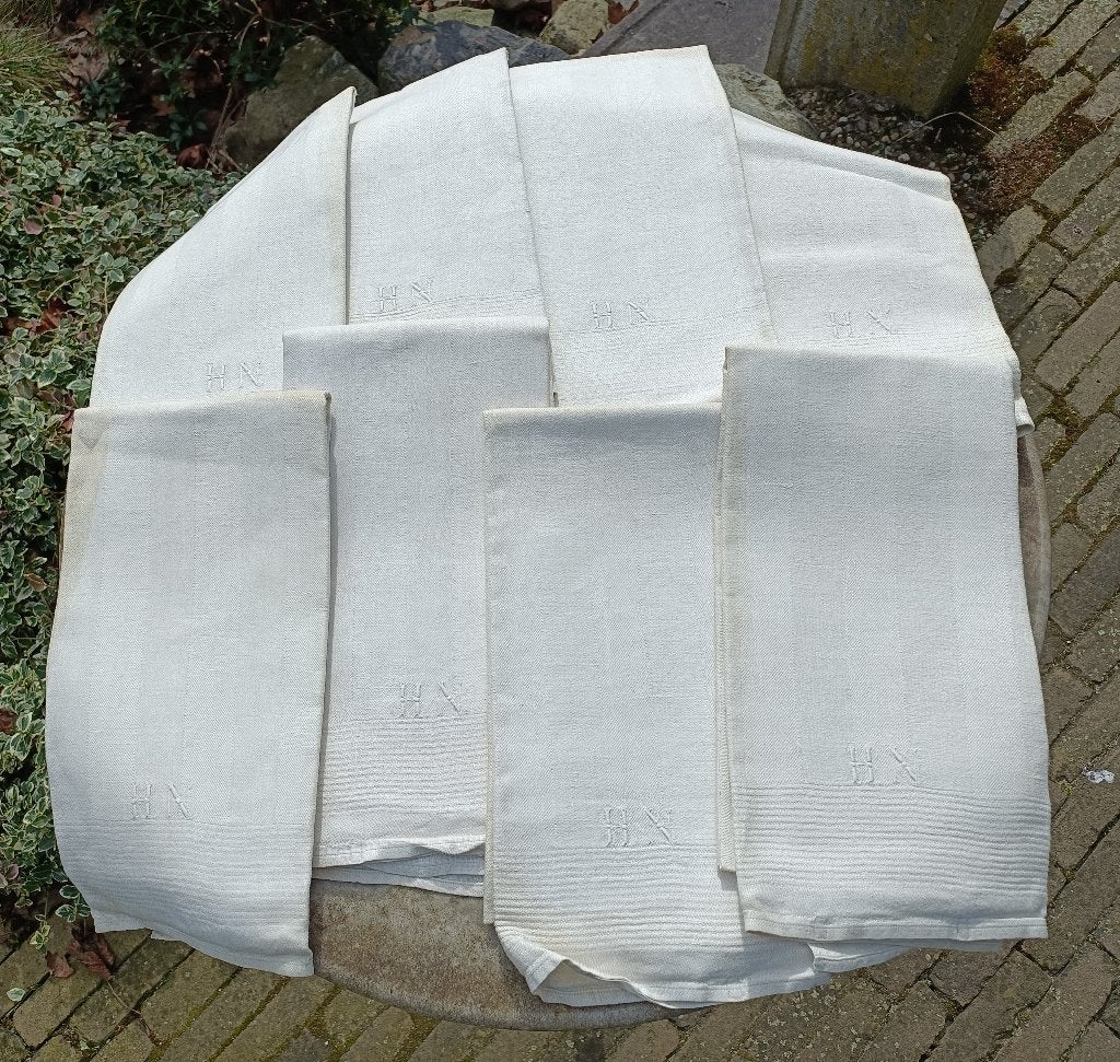 Antieke linnen mangeldoek roldoek monogram HN 125x46 (BT5), Ophalen of Verzenden, Gebruikt, Theedoek of Handdoek