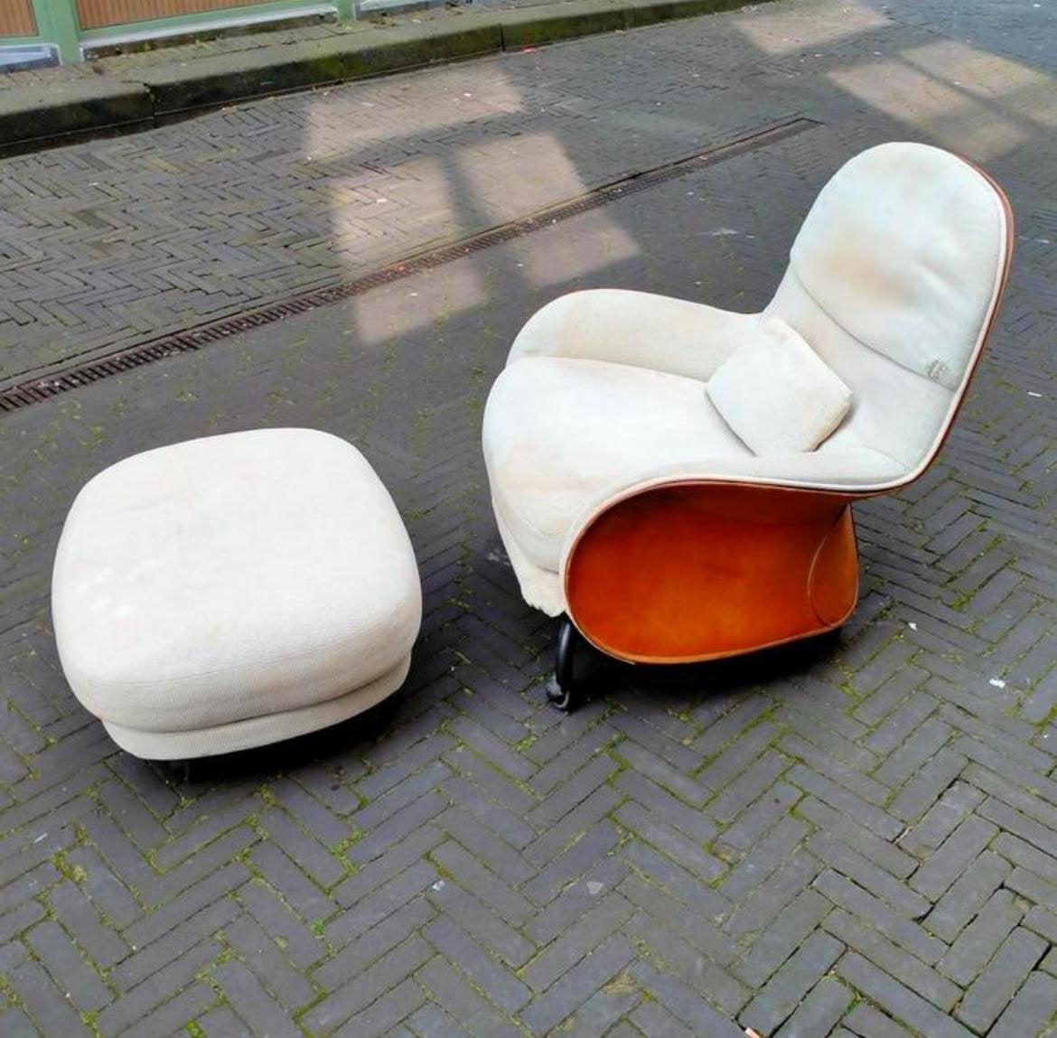 DePadova Louisiana crème Hermes fauteuil met poef, Ophalen, Gebruikt, Leer, 75 tot 100 cm