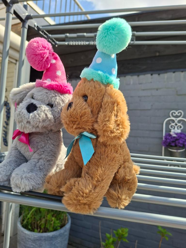 Set van 2 knuffelhondjes met feestmuts - ca. 30 cm, Grijs, Zo goed als nieuw, Middelgroot (20 tot 80 cm), Met kleding of accessoire