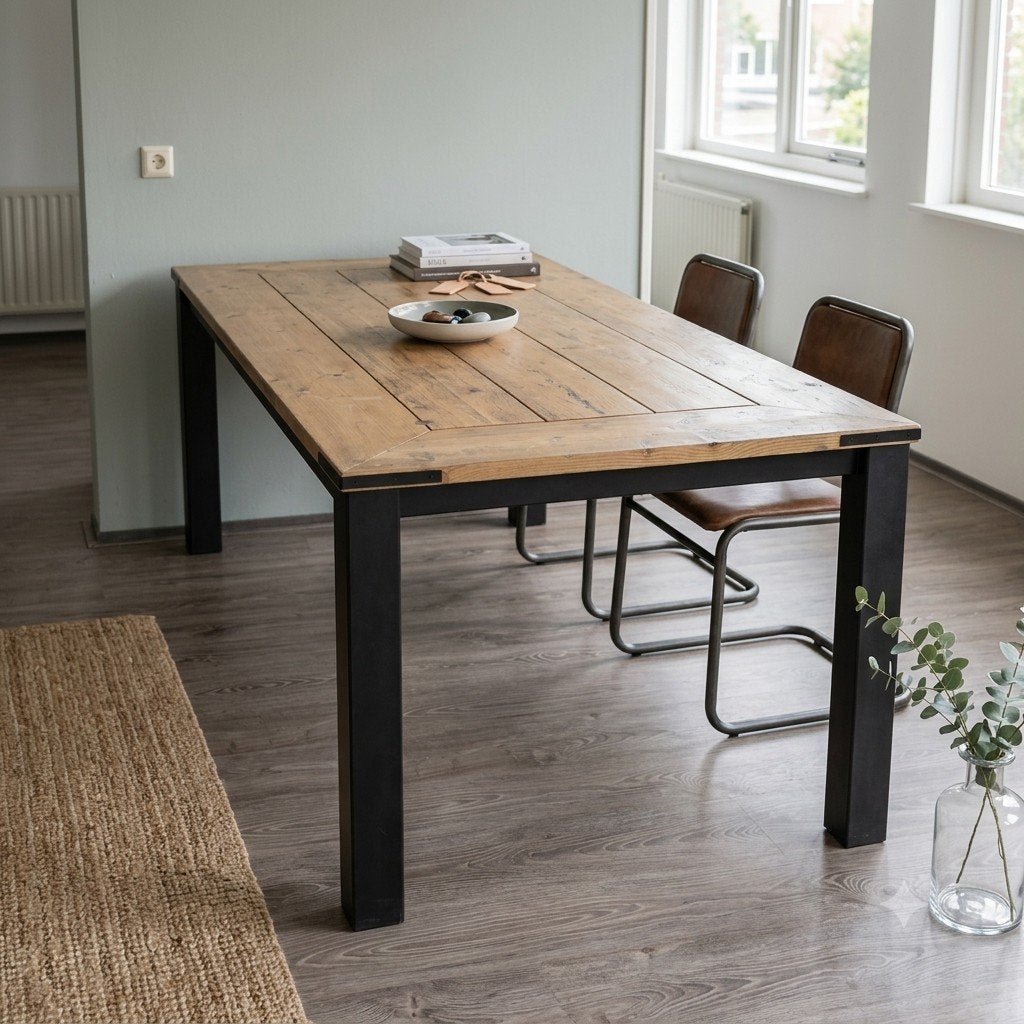 Handgemaakte tafel: zwart frame, houten blad (200x96x76cm), Gebruikt, 200 cm of meer, 50 tot 100 cm, Vijf personen of meer