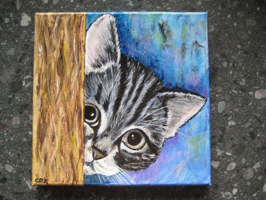 Gluur - kat, schilderij 20 x 20 cm., Huis en Inrichting, Woonaccessoires | Schilderijen, Tekeningen en Foto's, Ophalen, Minder dan 50 cm