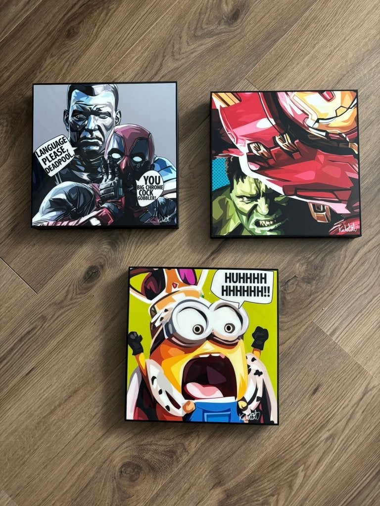 Schilderijen: Minion, Deadpool, Ironman, Hulk, Minder dan 50 cm, Ophalen of Verzenden, Zo goed als nieuw, Schilderij