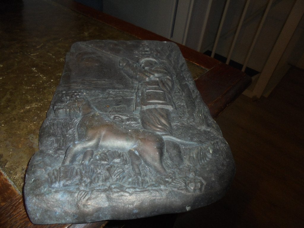 ijzer / brons wandornament  met relief jager met hond, Ophalen of Verzenden