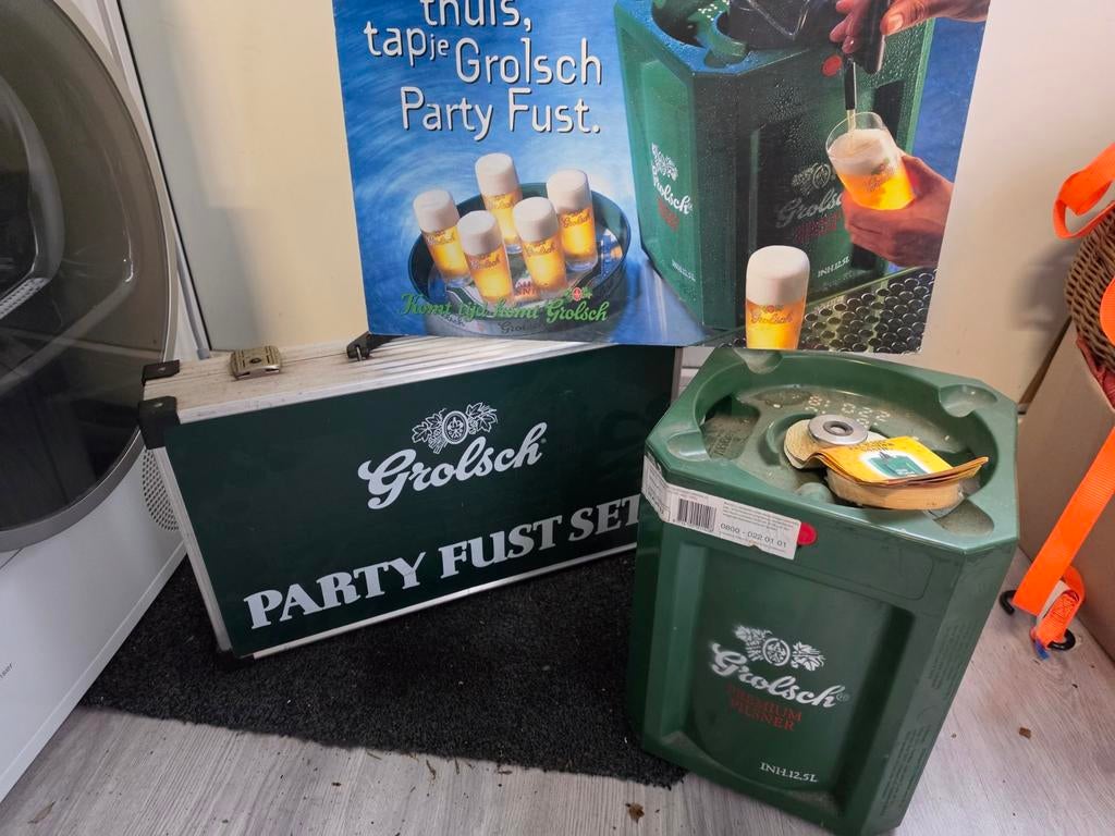 Grolsch party fust set compleet., Ophalen, Zo goed als nieuw, Reclamebord, Plaat of Schild, Grolsch