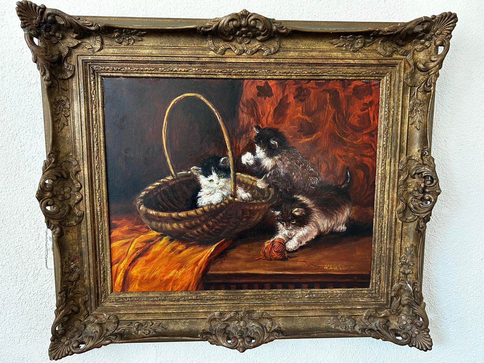 Antiek Olieverfschilderij "Kittens" met Gouden Baroklijst, Antiek en Kunst, Overige stijlen, Doek, Dieren, Ophalen of Verzenden