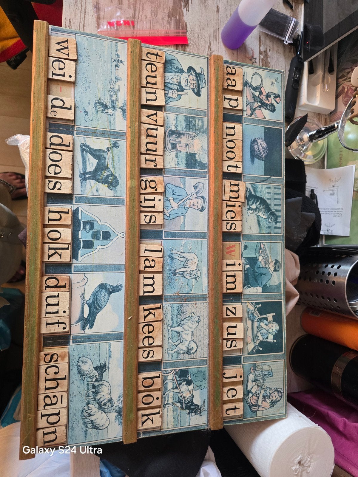 Vintage Houten Letterbord met Afbeeldingen, Ophalen of Verzenden, Gebruikt, Taal en Lezen