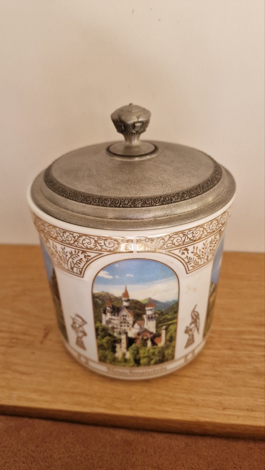 Vintage Duitse Zinn Handgegossen Pot met Kasteeldecor, Ophalen of Verzenden