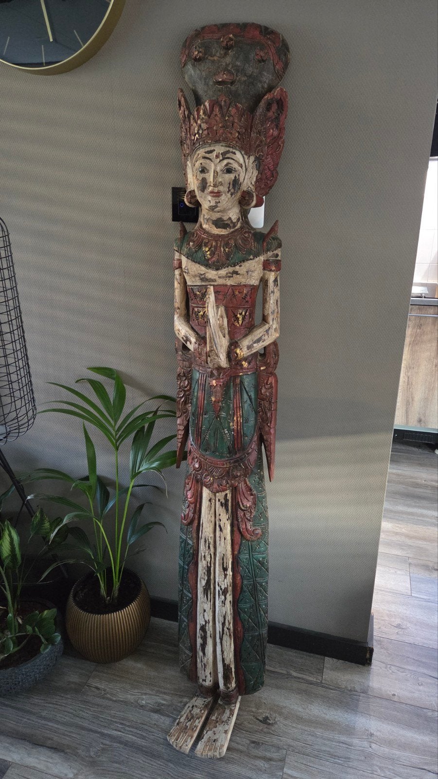 houten handgesneden Thaise Thepenom Buddhist beeld,, Handgemaakt, 185 cm, Meerkleurig, Overige herkomsten