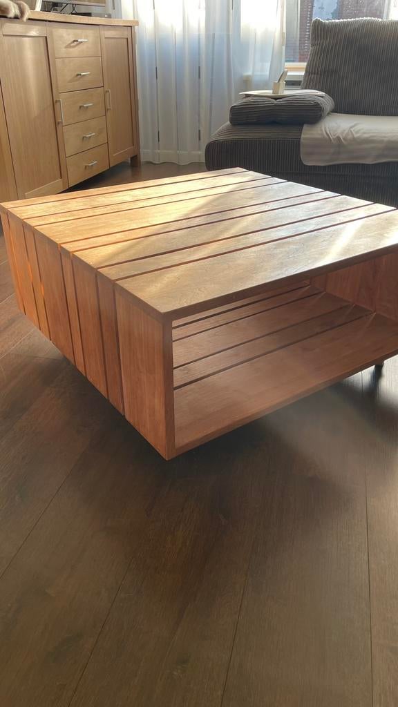 Teak salontafel 80x80, Ophalen, 50 tot 100 cm, Vierkant, Zo goed als nieuw