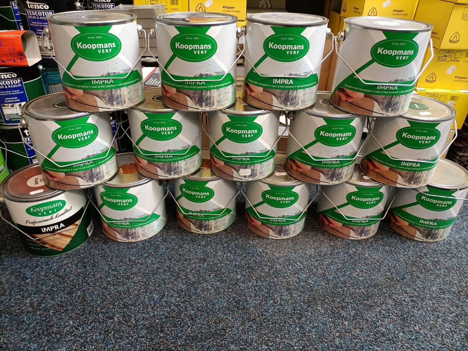 20 blik Koopmans Verf Impra - Diverse kleuren, 20 liter of meer, Ophalen, Nieuw, Beits
