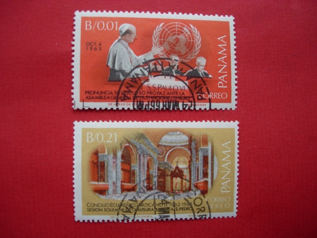 Panama Bezoek Paus Paulus VI 1966 2 zegels van serie van 6, Verzenden, Gestempeld, Midden-Amerika