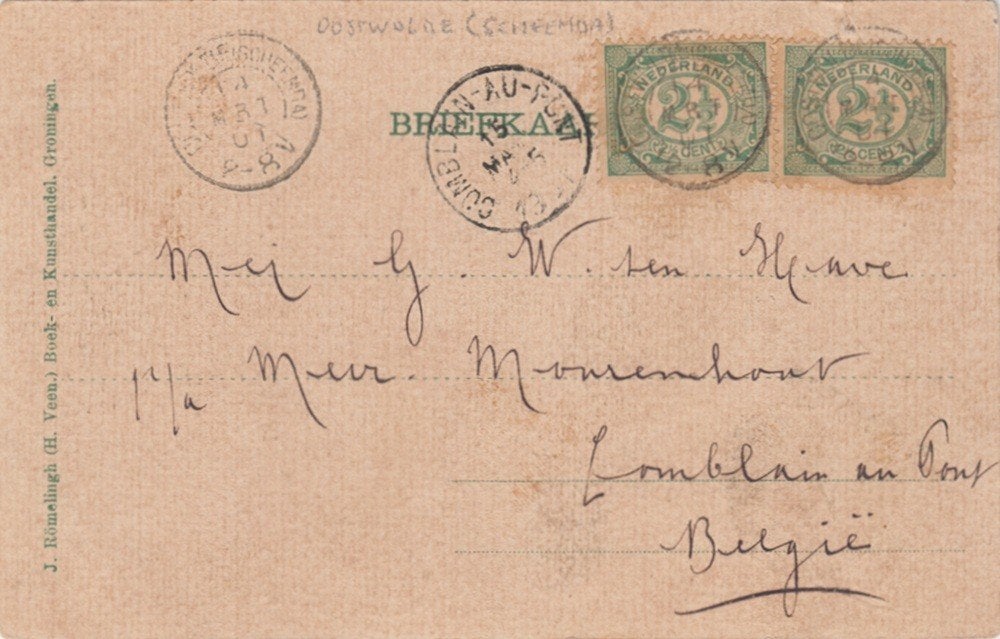 Nederland 55 (2x) op ansicht Oostwolde (Scheemda), Ophalen of Verzenden, Briefkaart