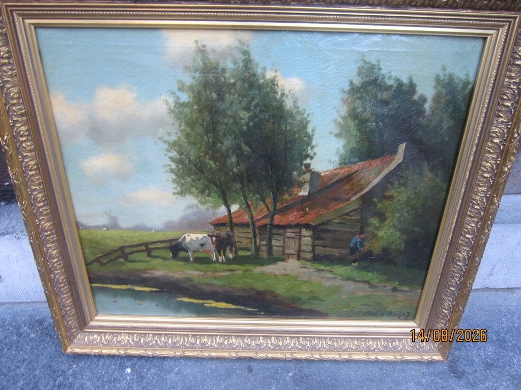 Chris de Bruyn, 1890-1974, Boerderij, Boer en Koeien, Antiek en Kunst, Ophalen, Landschap, Doek