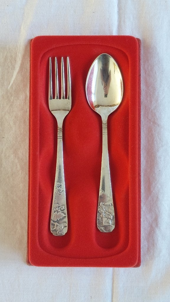 Verzilverd vintage kinderbesteksetje, Ophalen of Verzenden, Zilver