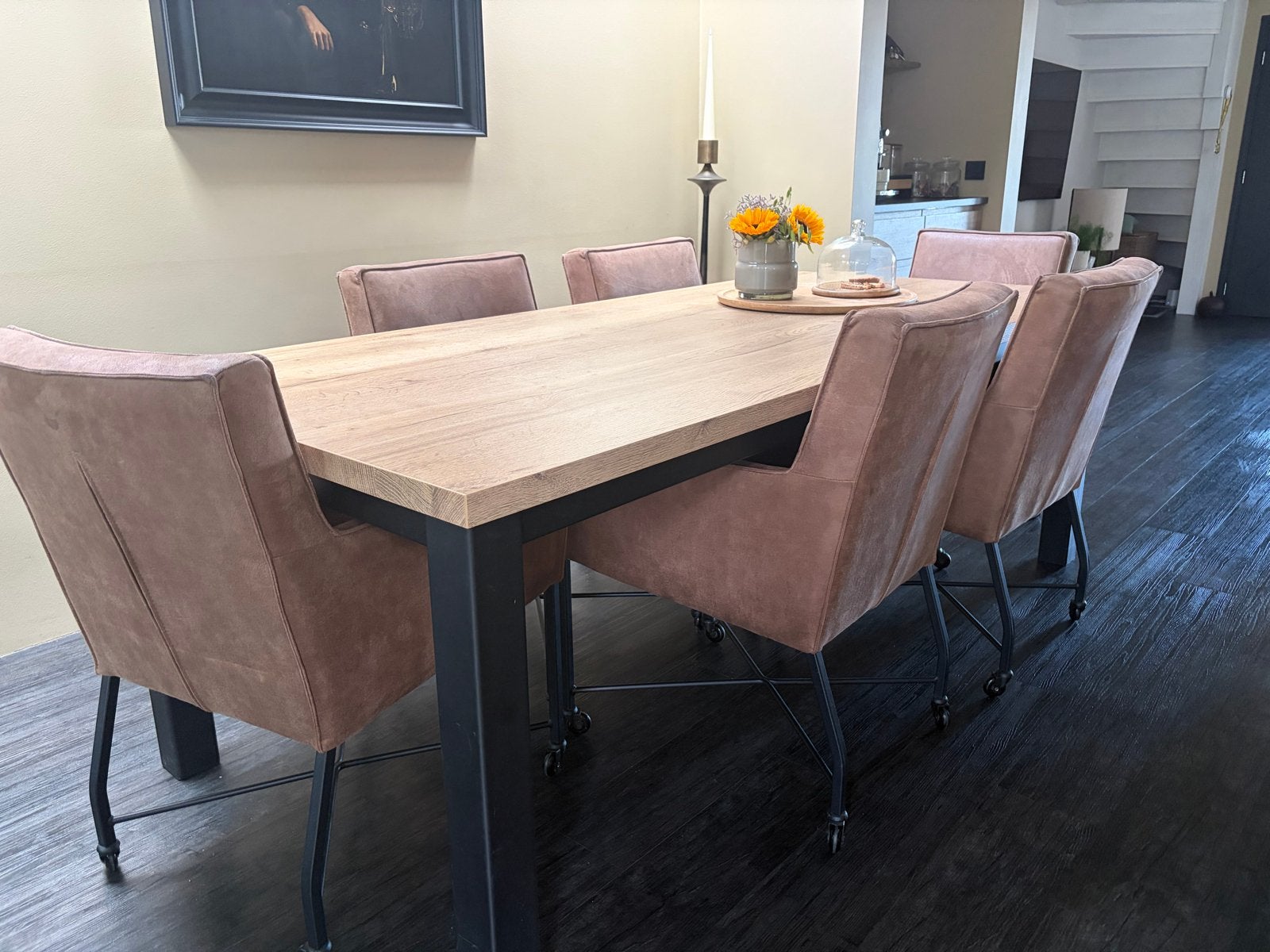 6 Skyleer comfort fauteuils op wieltjes - z.g.a.n., Huis en Inrichting, Bruin, Ophalen of Verzenden, Zo goed als nieuw, Stof