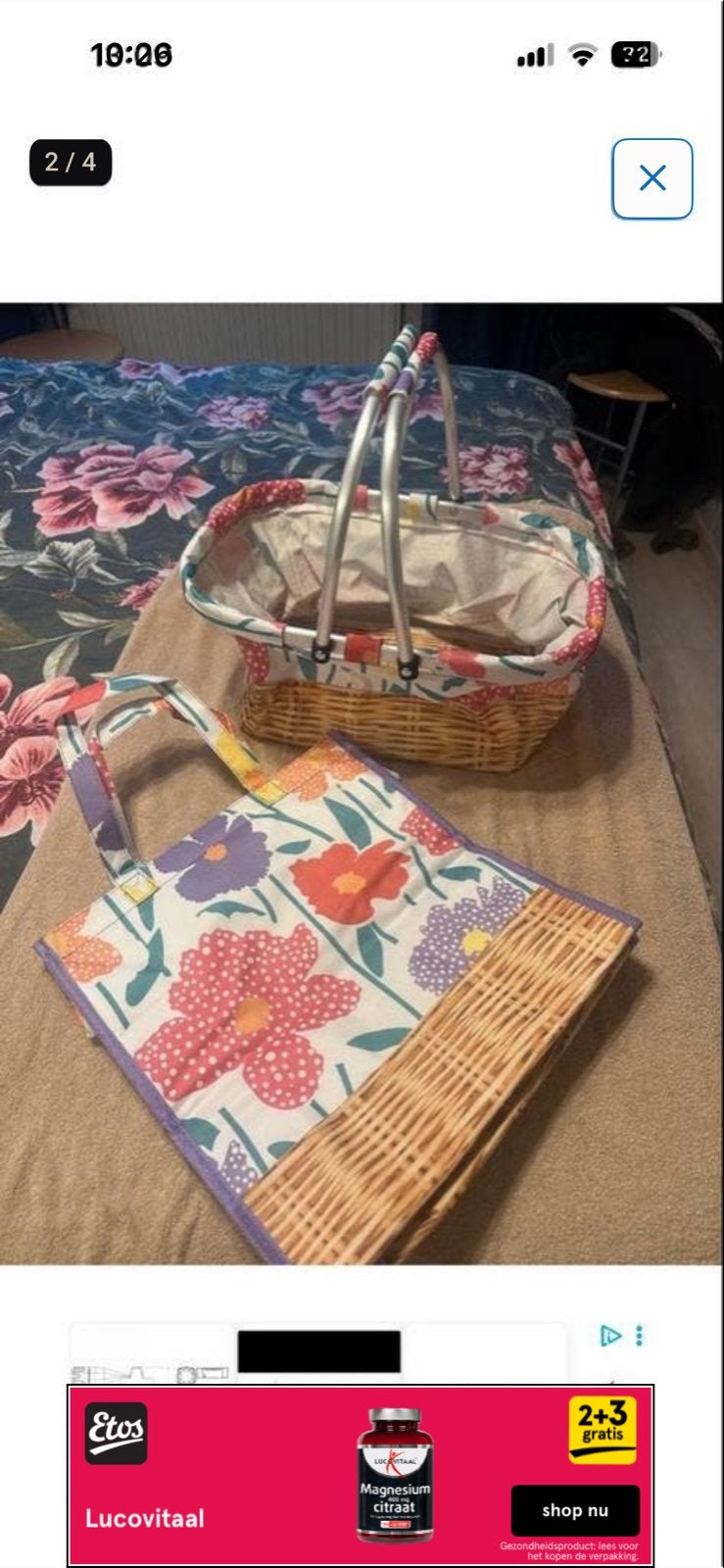 Picknickmand en bijpassende tas met bloemenprint, Ophalen of Verzenden, Gebruikt, Zonder inhoud