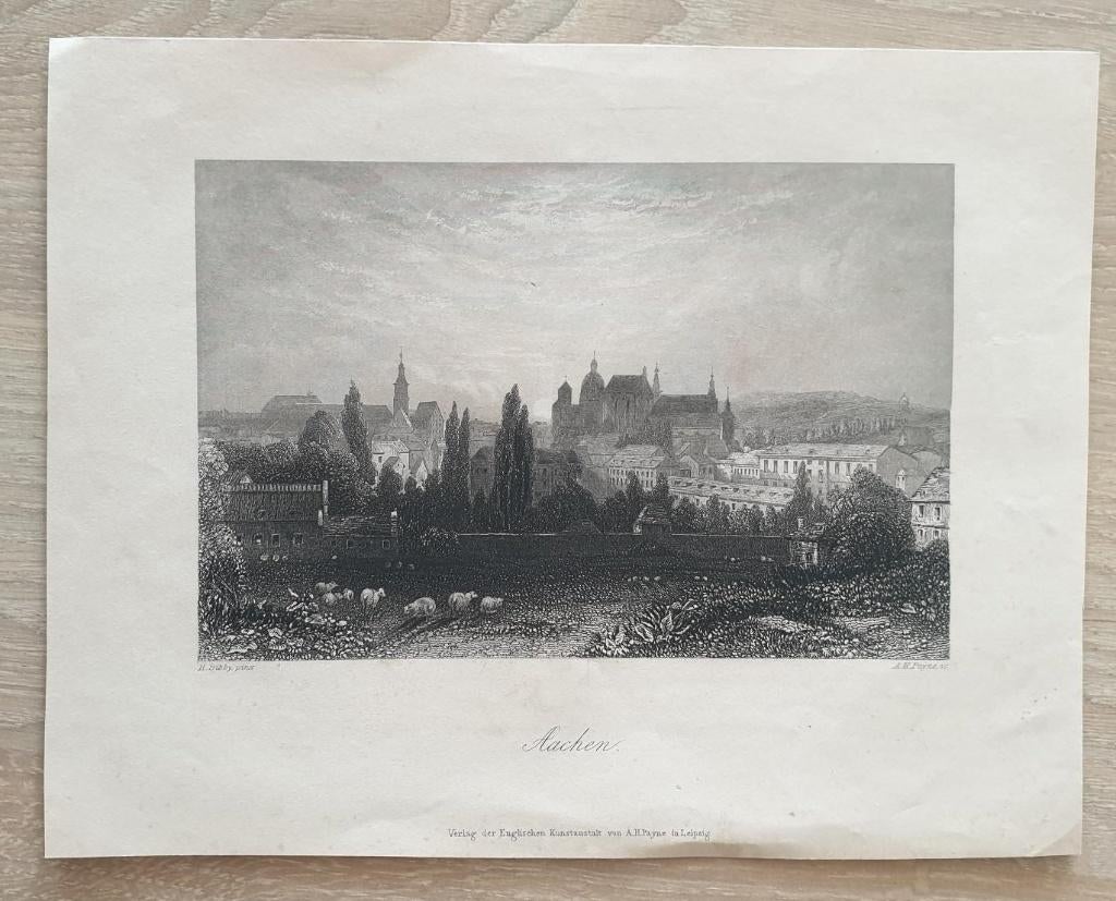 1860 Payne - Aken - Aachen gravure, Antiek en Kunst, Kunst | Etsen en Gravures, 1800 - 1899, Stadsgezicht, Ophalen of Verzenden