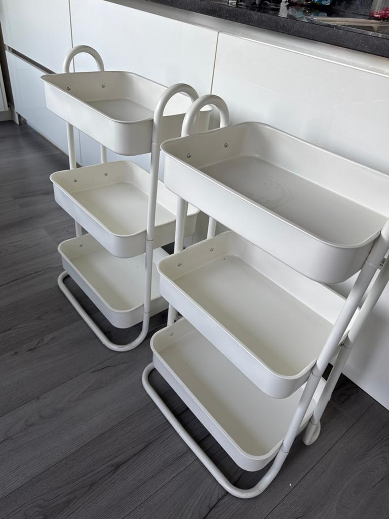Witte roltafel/serveerwagen met 3 planken (per stuk), Huis en Inrichting, Kasten | Stellingkasten, Gebruikt, Ophalen of Verzenden