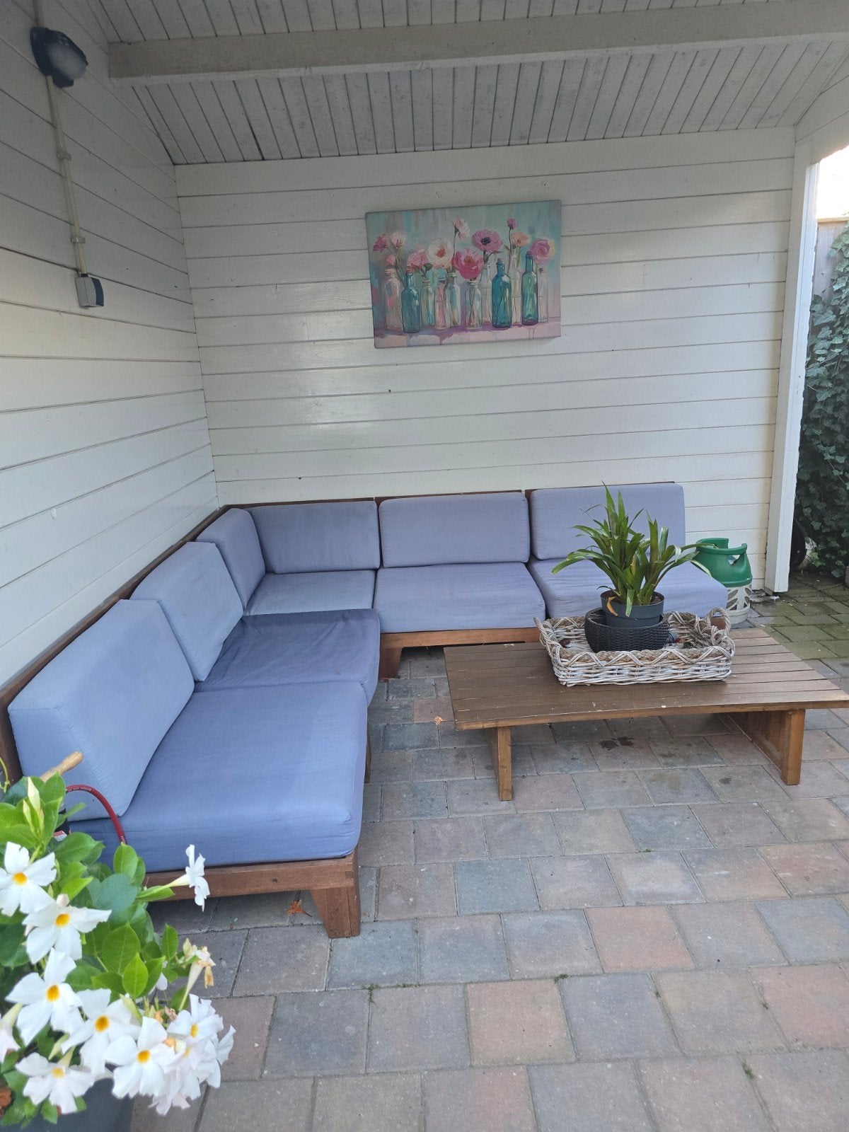 Comfortabele houten loungeset met kussens, Ophalen, Gebruikt, Meer dan 8 zitplaatsen, Bank
