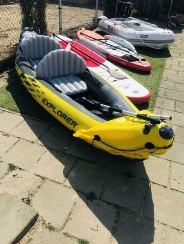 intex kano opblaasbaar met peddels en luchtpomp zwemvliezen, Watersport en Boten, Ophalen, Kajak, Twee personen, Gebruikt