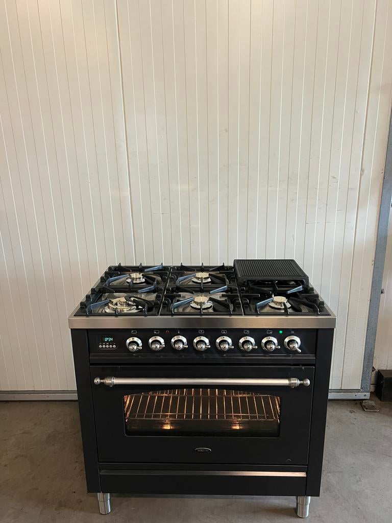 Luxe Boretti fornuis 6 pits antraciet kleurig - 90 cm, Hete lucht, 60 cm of meer, Ophalen of Verzenden, Zo goed als nieuw