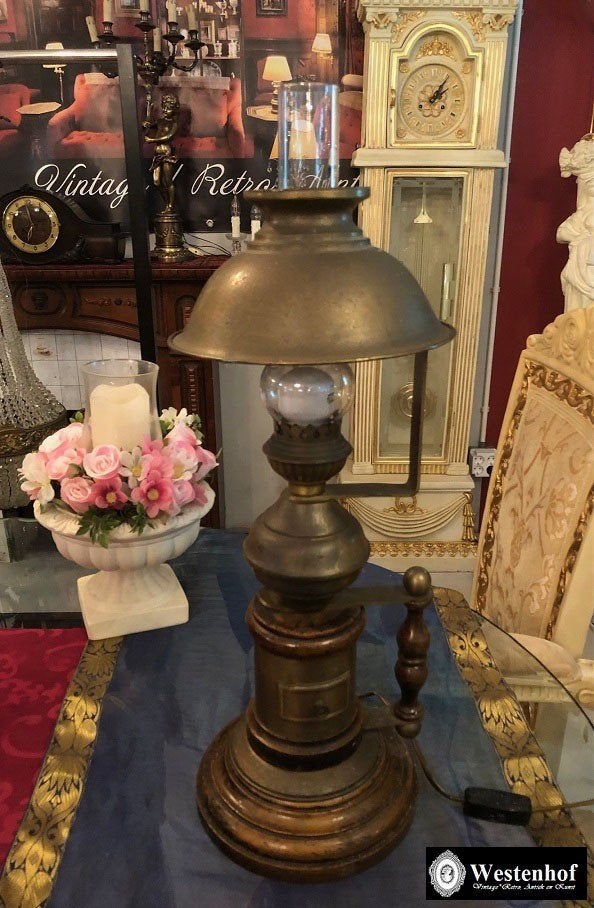 Grote olielamp vintage industrieel tafellamp koper, Ophalen of Verzenden
