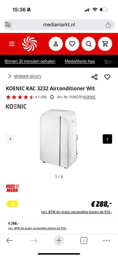 Koenic Airco - in original box, Ophalen, Minder dan 60 m³, 3 snelheden of meer, Zo goed als nieuw