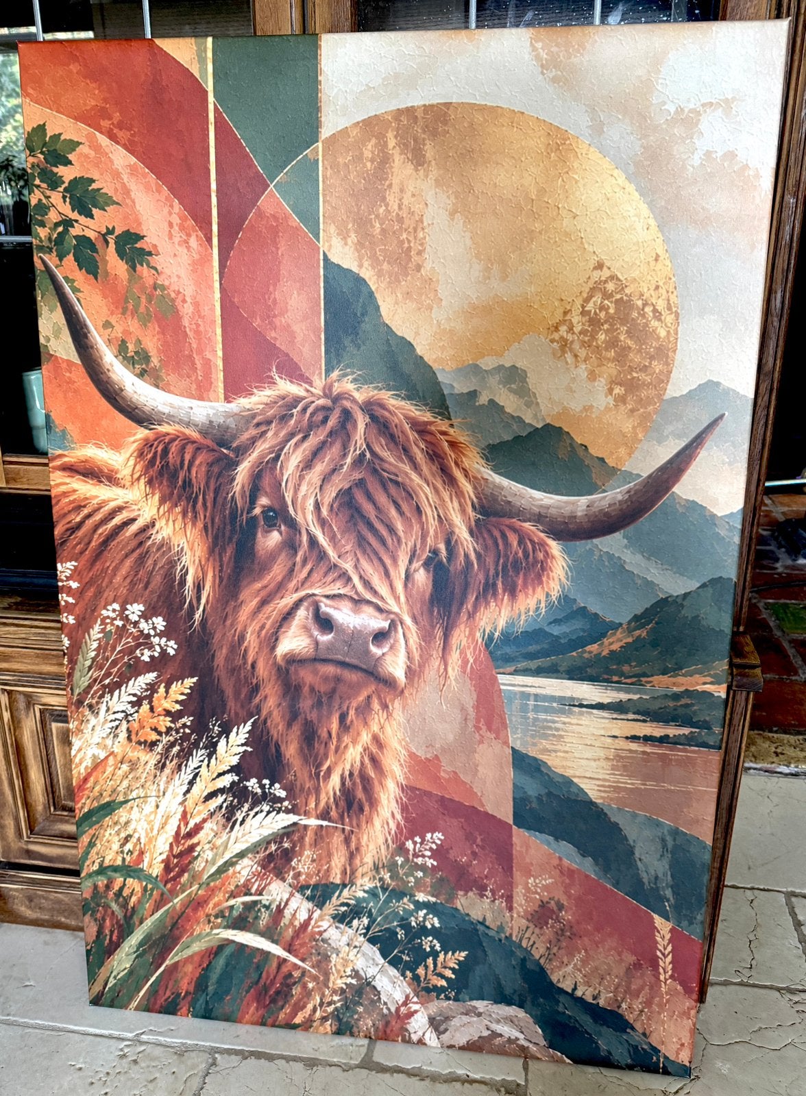 Schilderij van Canva met Schotse Hooglander, Antiek en Kunst, Ophalen
