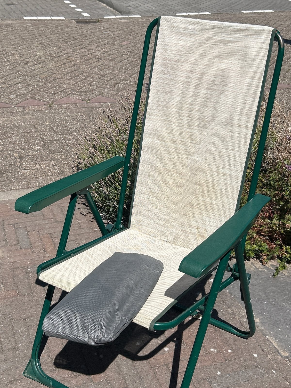 Verstelbare campingstoel - Groen/Beige met nekkussen, Ophalen, Gebruikt, Campingstoel