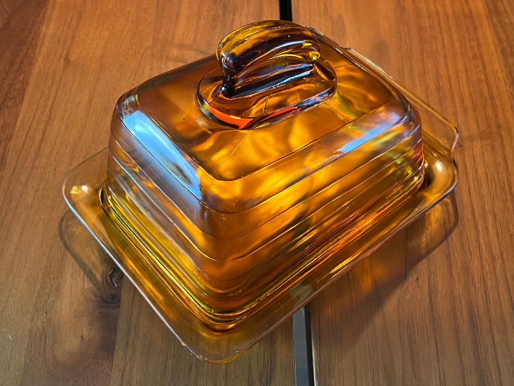 Art Deco Leerdam Copier amberkleur kaasstolp jaren 30, Ophalen