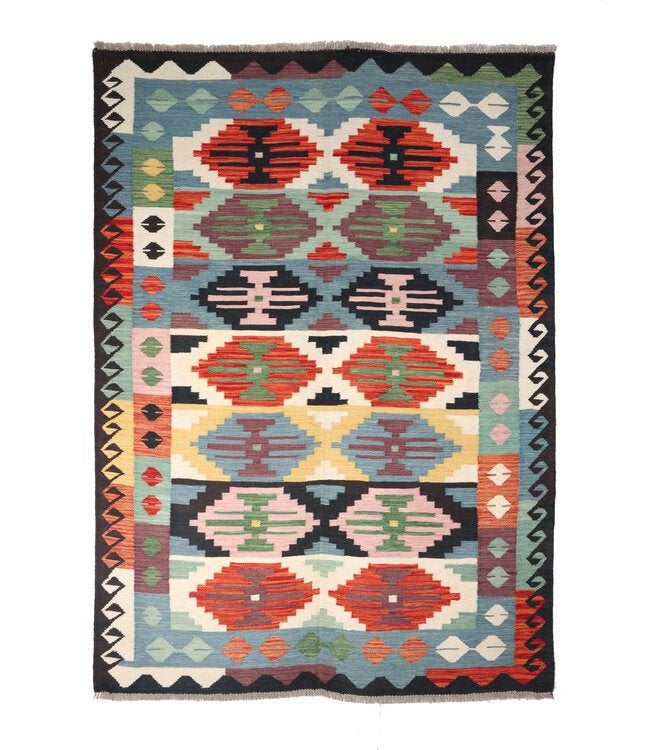 Handgeweven Traditioneel Kelim Vloerkleed Wol 204x148 cm, 100 tot 150 cm, Blauw, ....., Ophalen of Verzenden