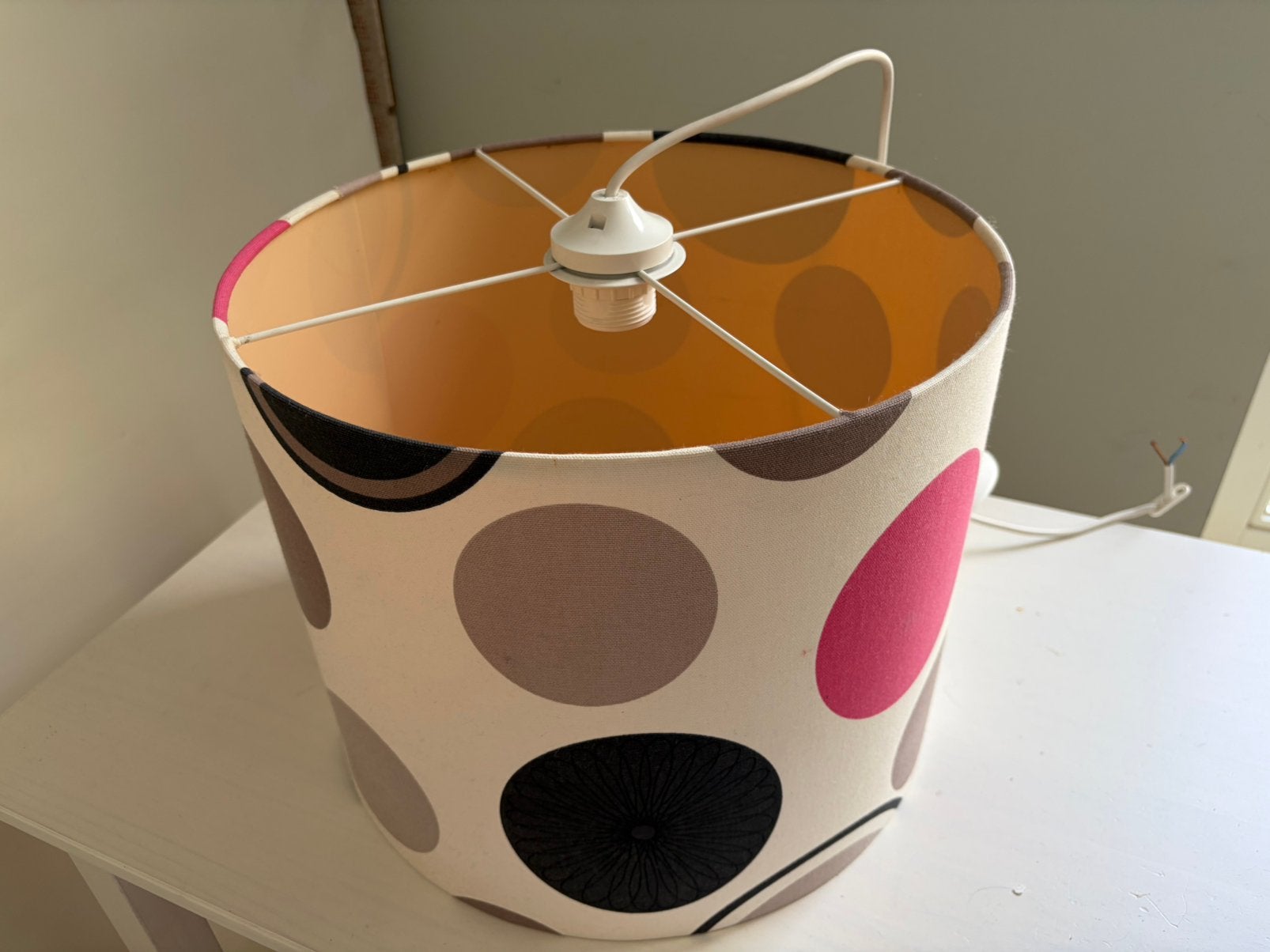 Leuke retro lampenkap, roze, grijs, zwart, met fitting, Gebruikt, Meerkleurig, Rond, Ophalen