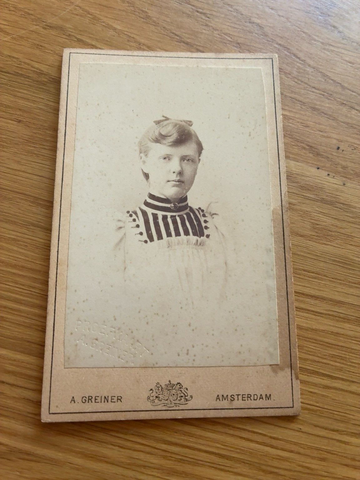 Antieke CDV portretfoto Albert Greiner Amsterdam, Verzamelen, Foto's en Prenten, Ophalen of Verzenden, Voor 1940, Gebruikt