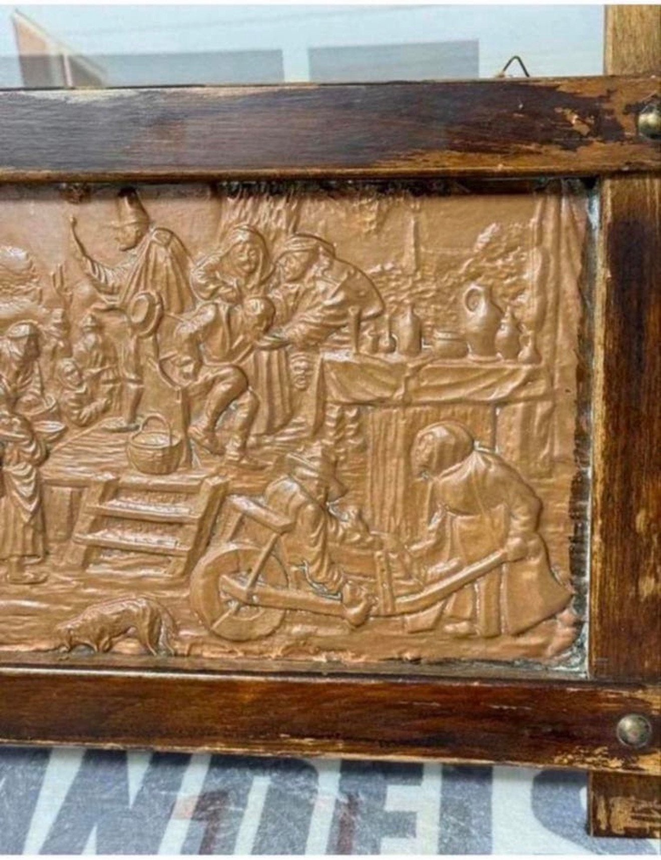 Antiek 1920-1930 ingelijst koperen reliëf kunst boerderij, Antiek en Kunst, Ophalen of Verzenden