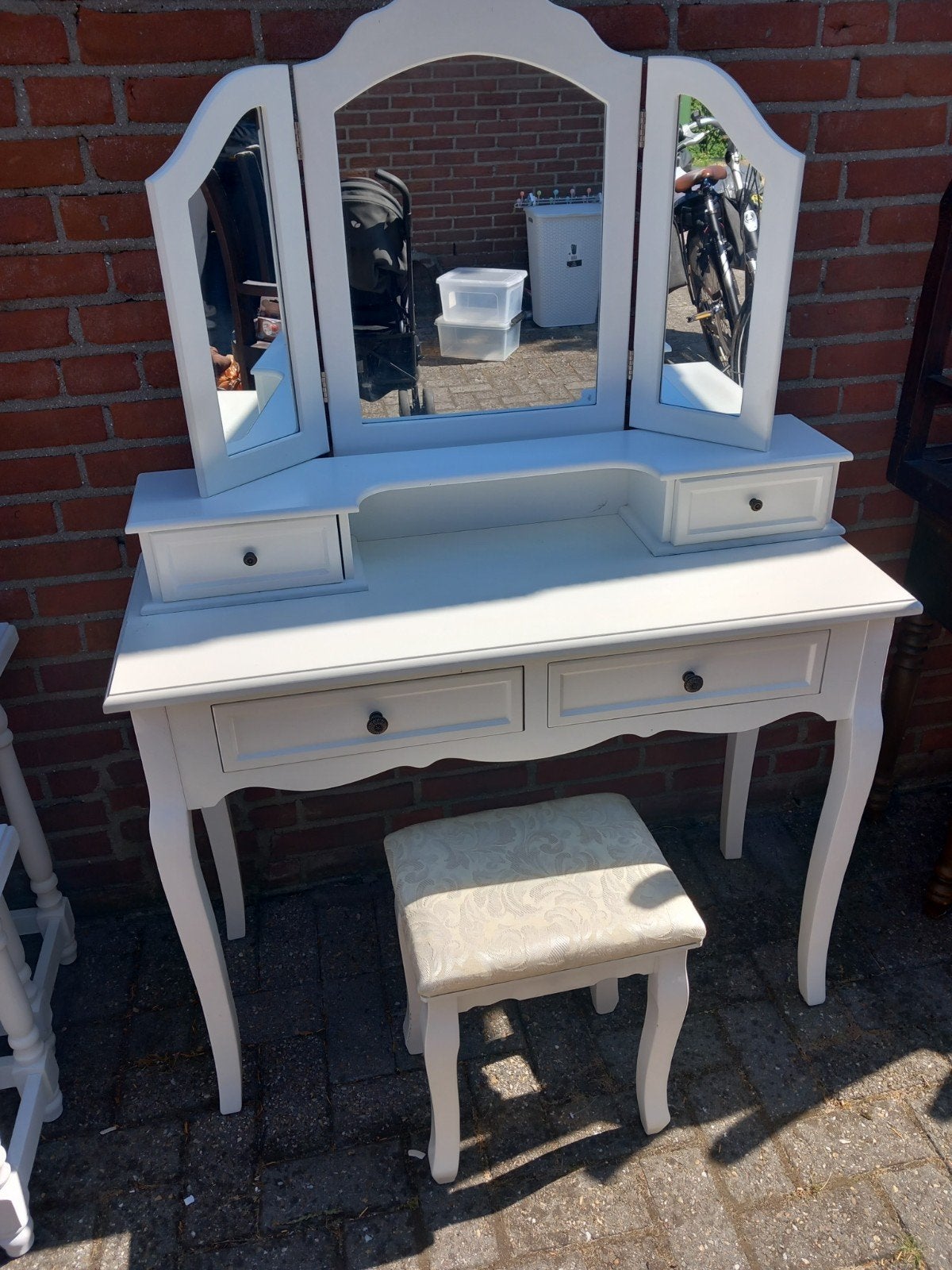 Witte kaptafel met spiegel en krukje, Gebruikt, 100 tot 150 cm, Klassiek, Romantisch, Hout