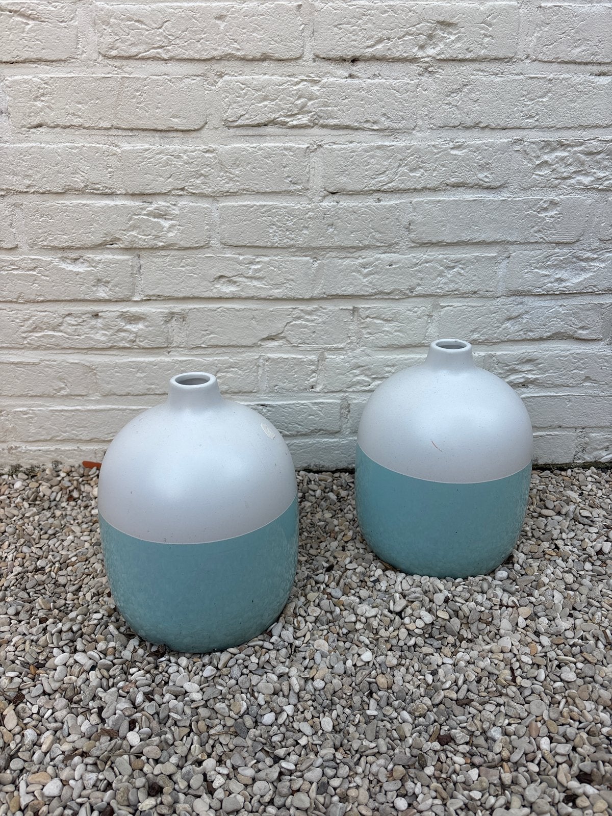 Set van 2 tweekleurige vazen, wit en mintgroen/blauw, Ophalen, Gebruikt, Meerkleurig, Steen/keramiek