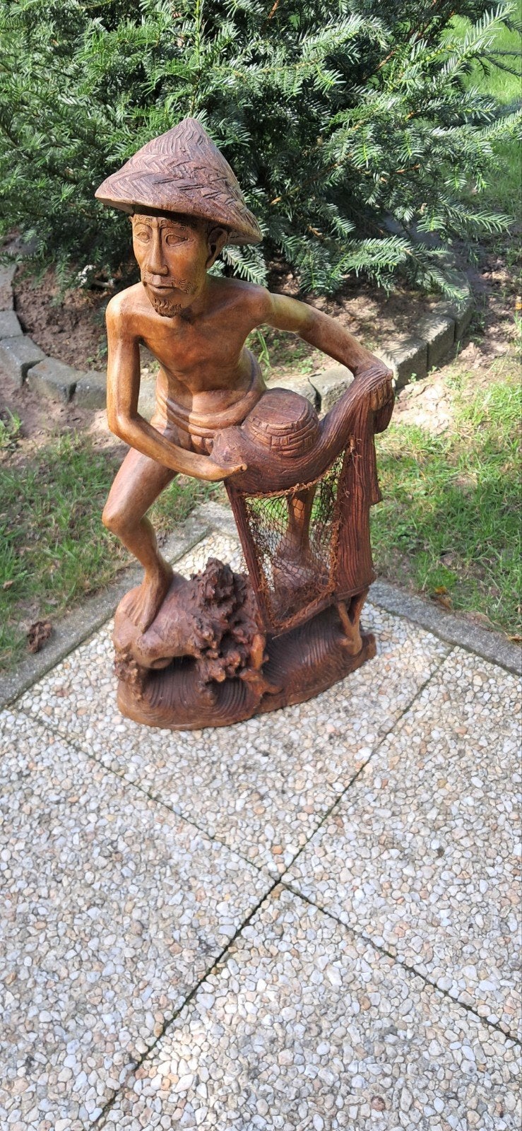 Houten beeld van visser met net - Handgesneden, Ophalen, 50 - 100 cm, Handgemaakt, Beeld