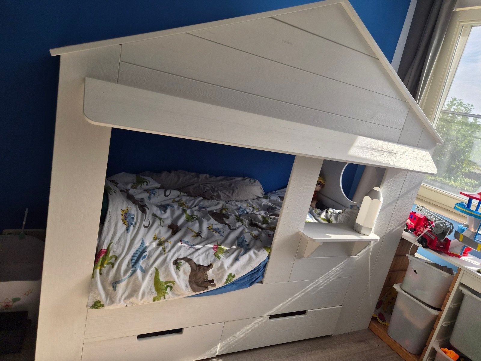 Witte huisbed met lades - WOOOOD, Huis en Inrichting, Ophalen, Eenpersoons, Hout, 100 cm