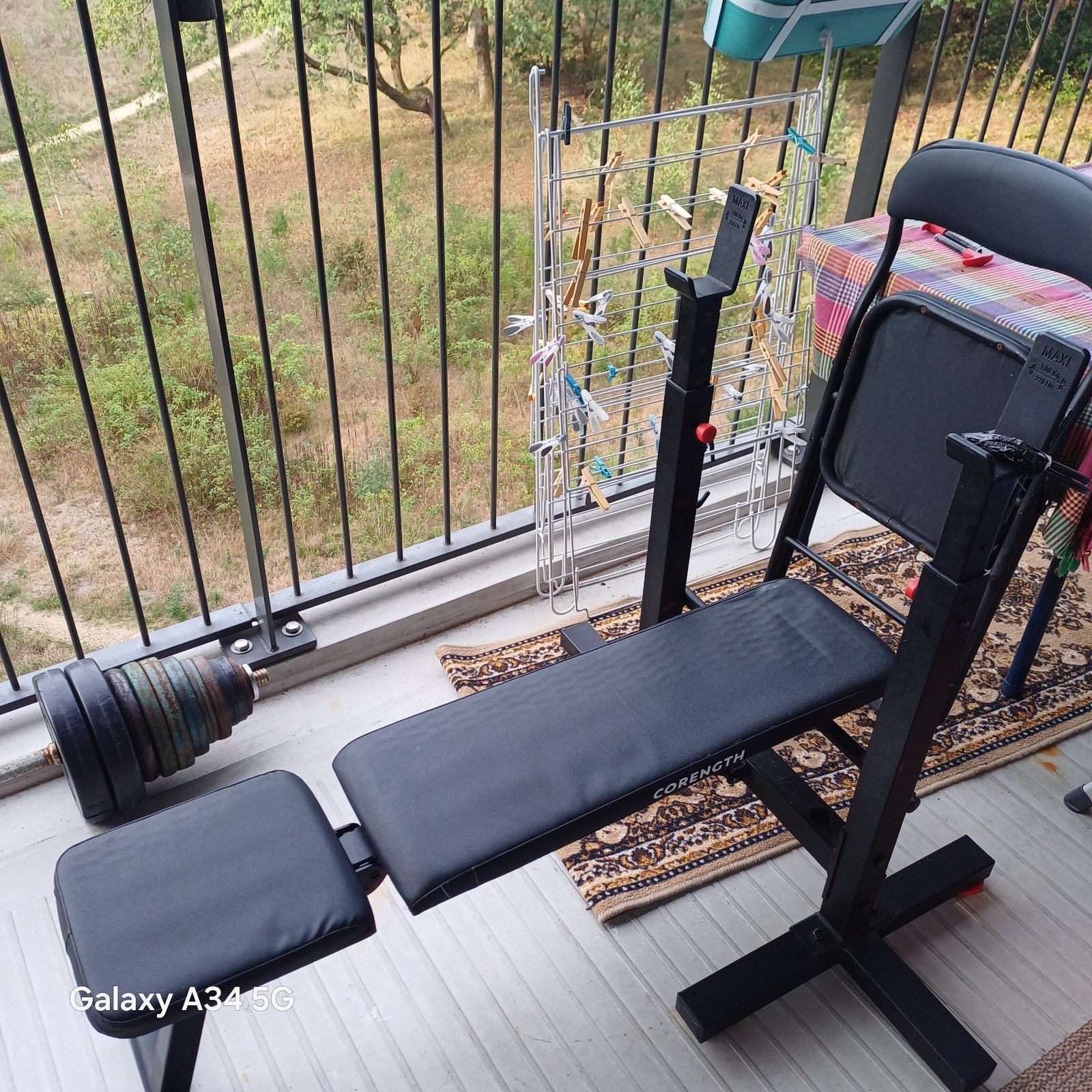 Fitnessbank met halterstang en gewichten, Ophalen of Verzenden, Gebruikt, Buik, Fitnessbank