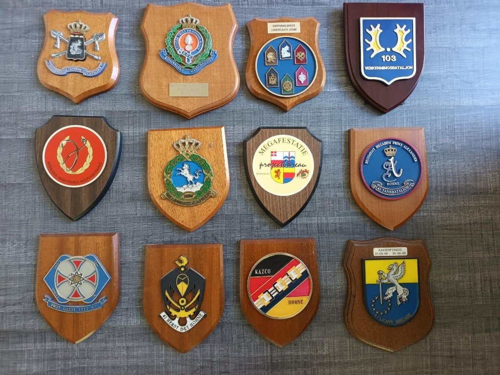 12 verschillende oude wapenschildjes, Ophalen of Verzenden, Landmacht, Nederland, Embleem of Badge