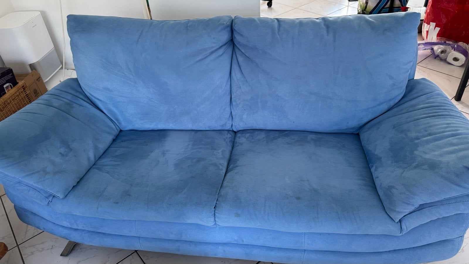 Set van 2 pluche sky-blauwe banken - Zeer comfortabel, Ophalen, Gebruikt, Driepersoons, 75 tot 100 cm