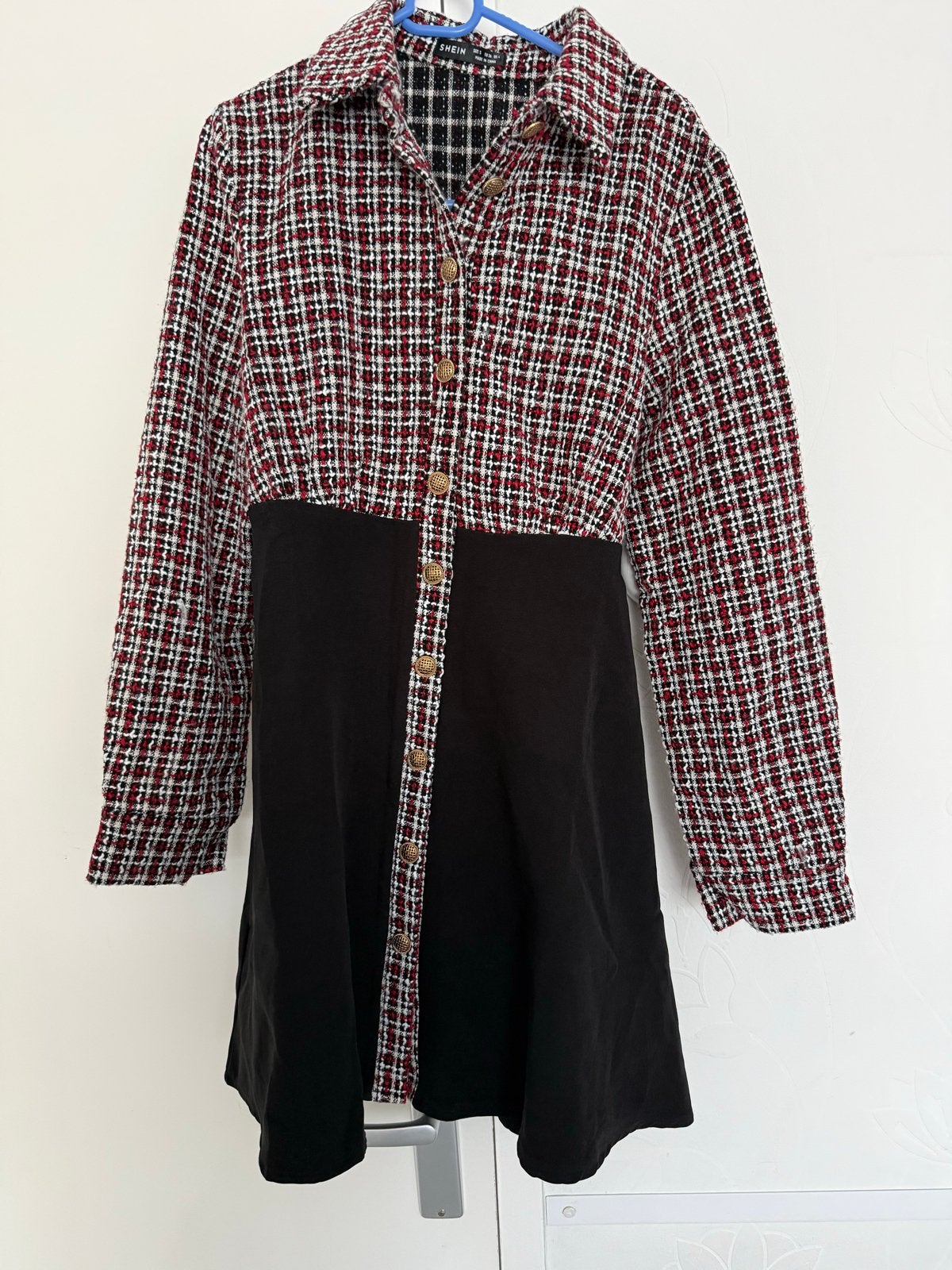 Shein geruite jurk met lange mouwen en knopen, Meerkleurig, Ophalen of Verzenden, Zo goed als nieuw, Maat 36 (S)