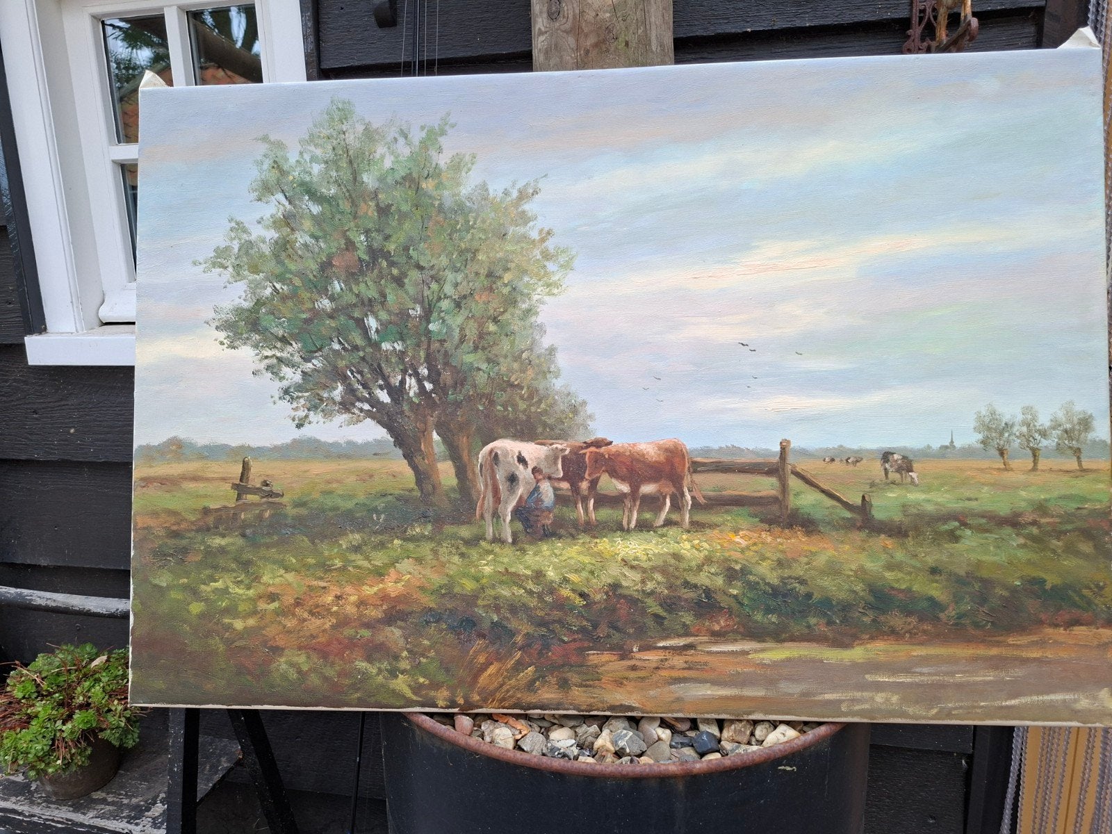 Mooi olieverf schilderij van landschap met koeien, Ophalen, Doek, Landschap, Olieverf