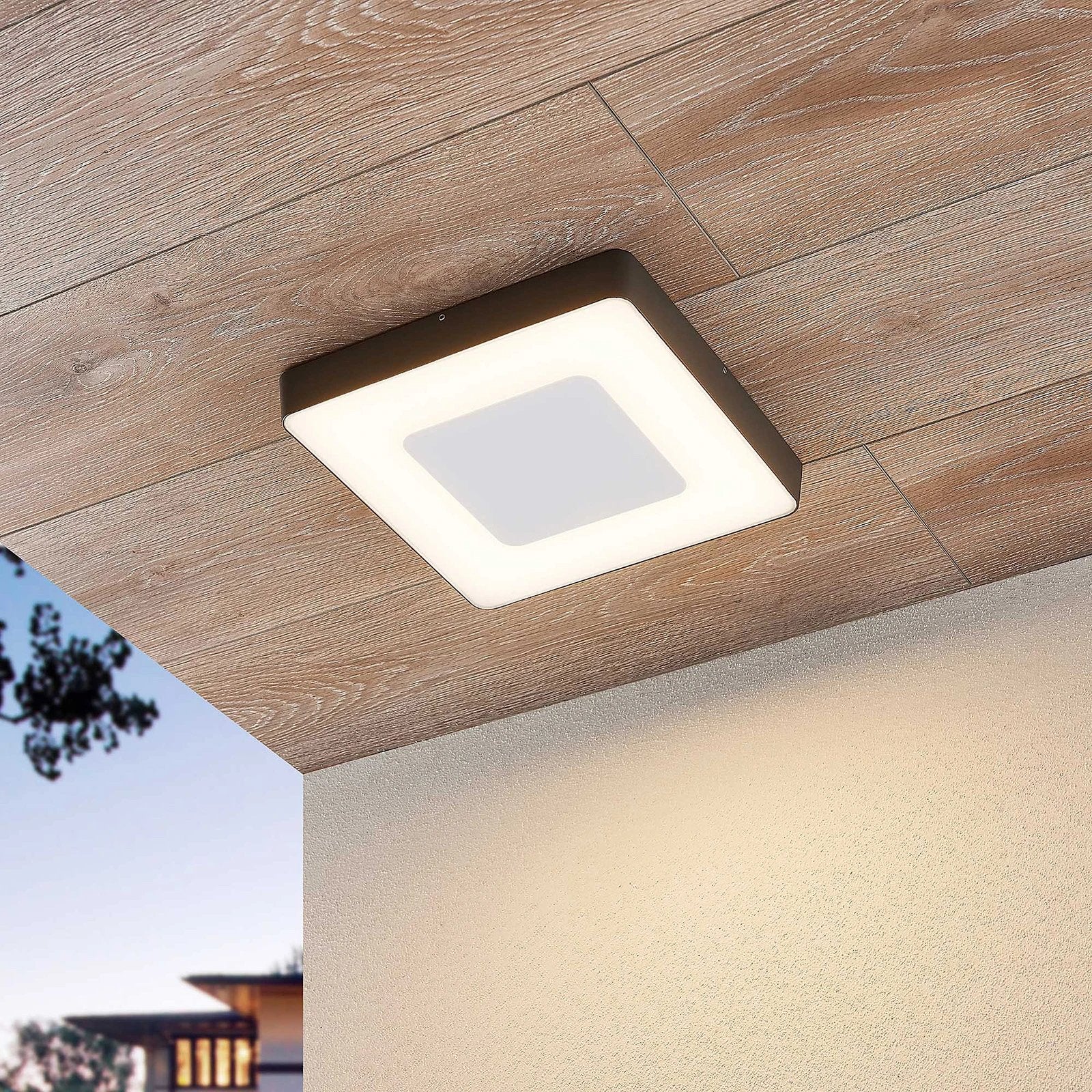 Lucande LED buiten plafondlamp Sora, hoekig, sensor, IP54, Ophalen of Verzenden, Zo goed als nieuw, Minder dan 50 watt