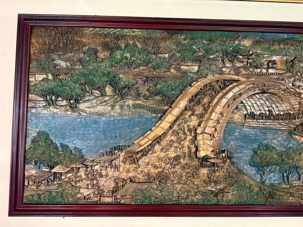 Gedetailleerd 3D-reliëf van Chinese rivierscène, Ophalen of Verzenden, Handgemaakt, Wanddecoratie, 1 meter - 2 meter