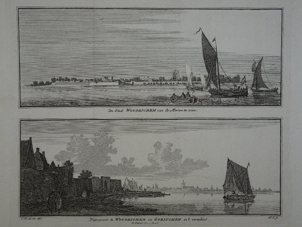 gravure stad en waterpoort Woudrichem, Spilman 1750, Antiek en Kunst, Stadsgezicht, Ophalen of Verzenden, Gravure, Dubbele gravure