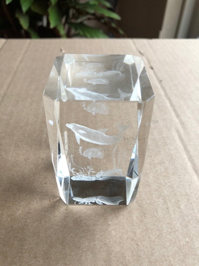 Zeer fraai 3D laser kristal blok. Dolfijn Vissen en Zee., Ophalen of Verzenden, Gebruikt, Wild dier, Beeldje of Figuurtje