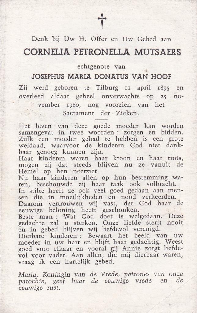 Mutsaers Cornelia 1895 Tilburg  1960, Ophalen of Verzenden, Bidprentje