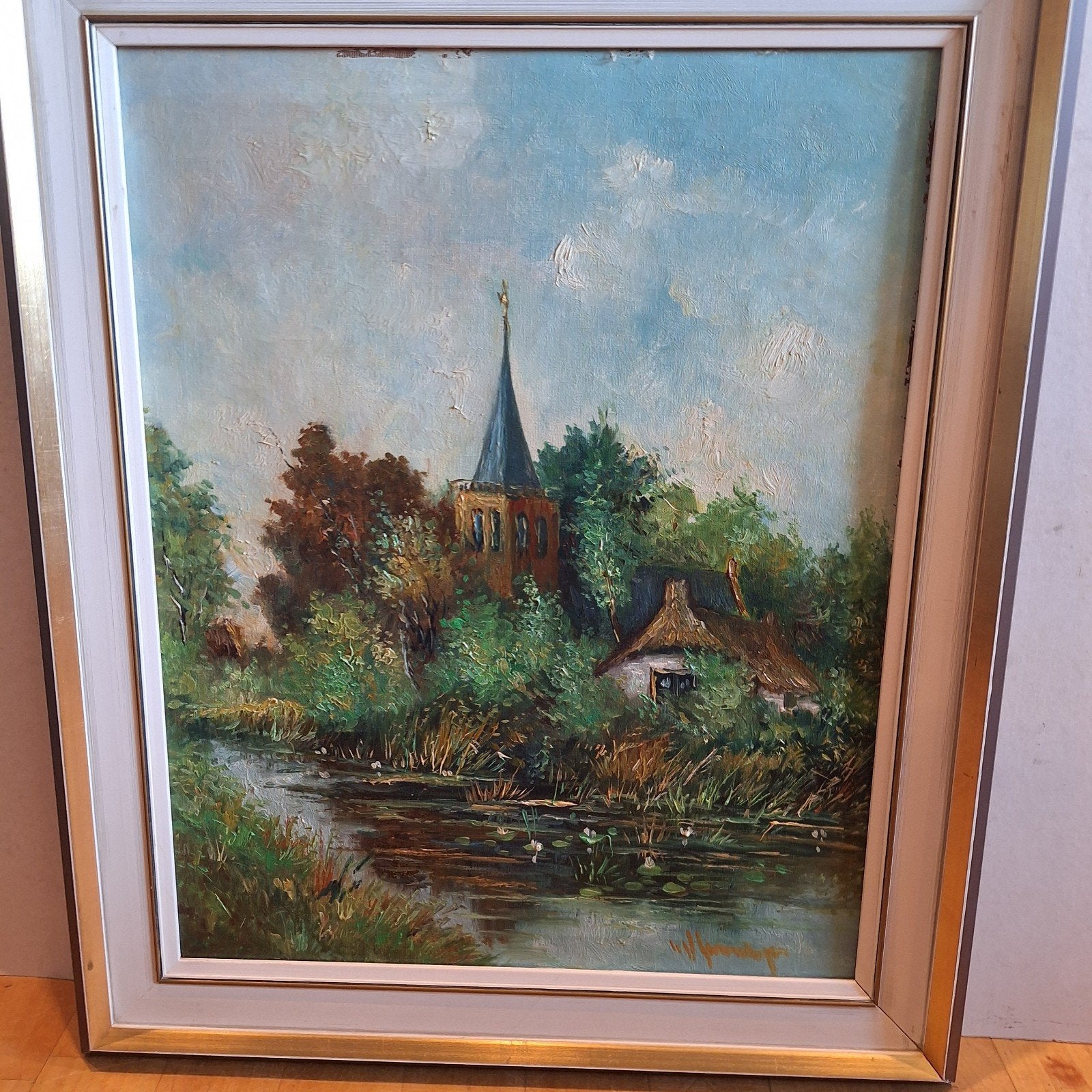 Olieverfschilderij: Hollands landschap met kerk en water, Verzenden